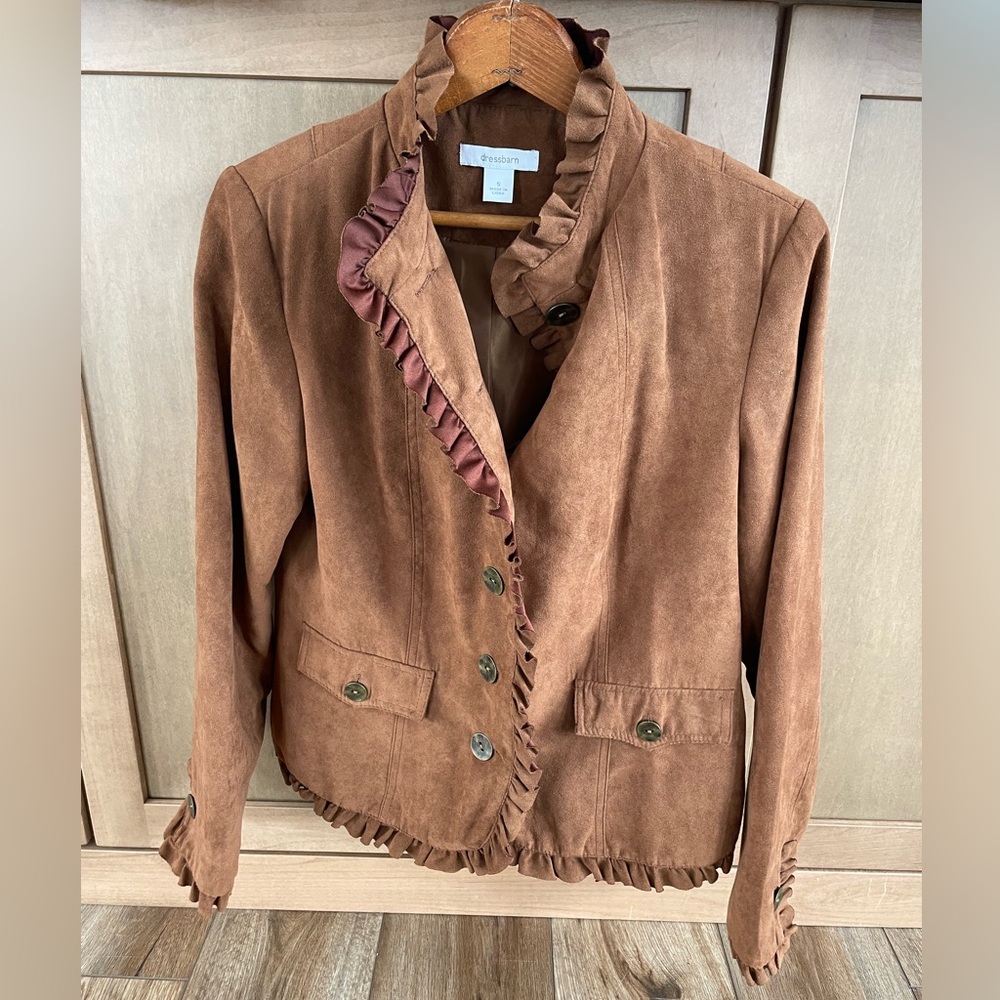 Dressbarn Brown faux suede Blazer Jacket with ruffle details. Woman’s size:S
